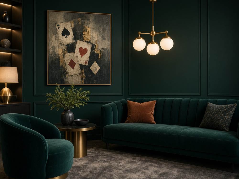 Warm LondonInnica lounge seating with emerald and brass accents