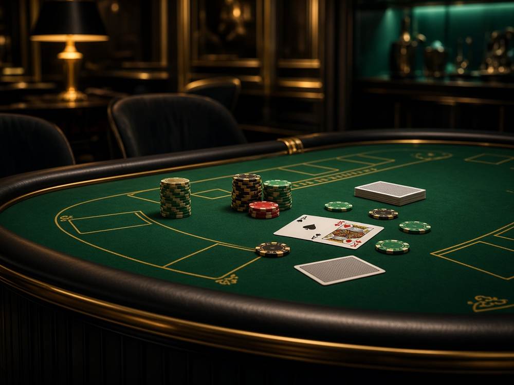 Elegant casino table with cards and chips in soft emerald light